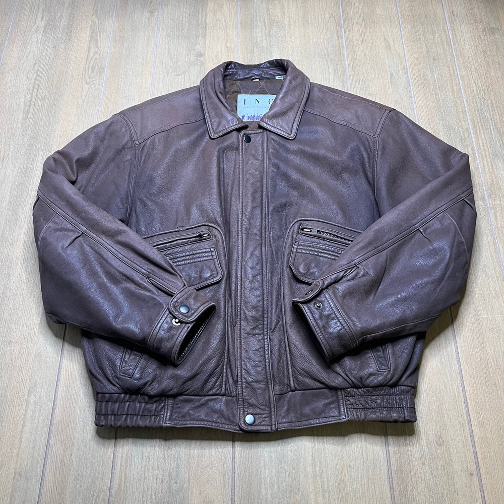 INC‎ Leather Bomber Jacket Mens L Brown Vintage Quilted Aviator Flight Coat